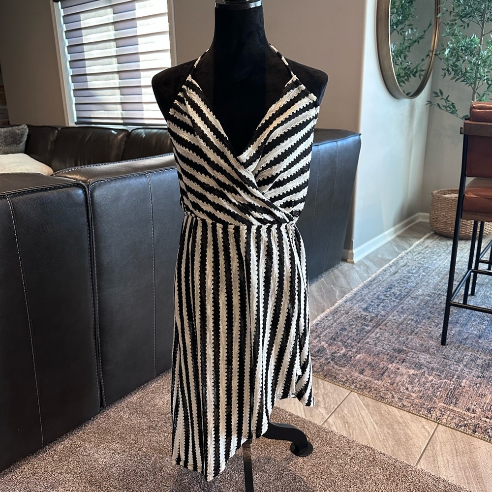 Chic Black and White Striped Halter Coverup